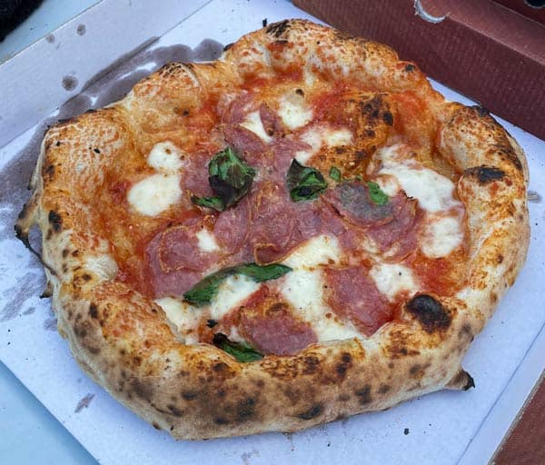 Neapolitan style pizza out of the pizza oven