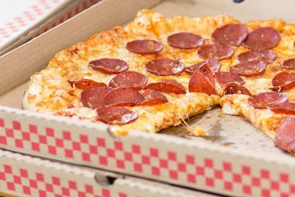 Pepperoni pizza in box