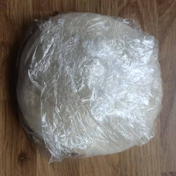 Pizza dough wrapped for freezing